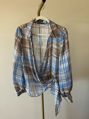 Zara Metallic Plaid Wrap Blouse Size XL